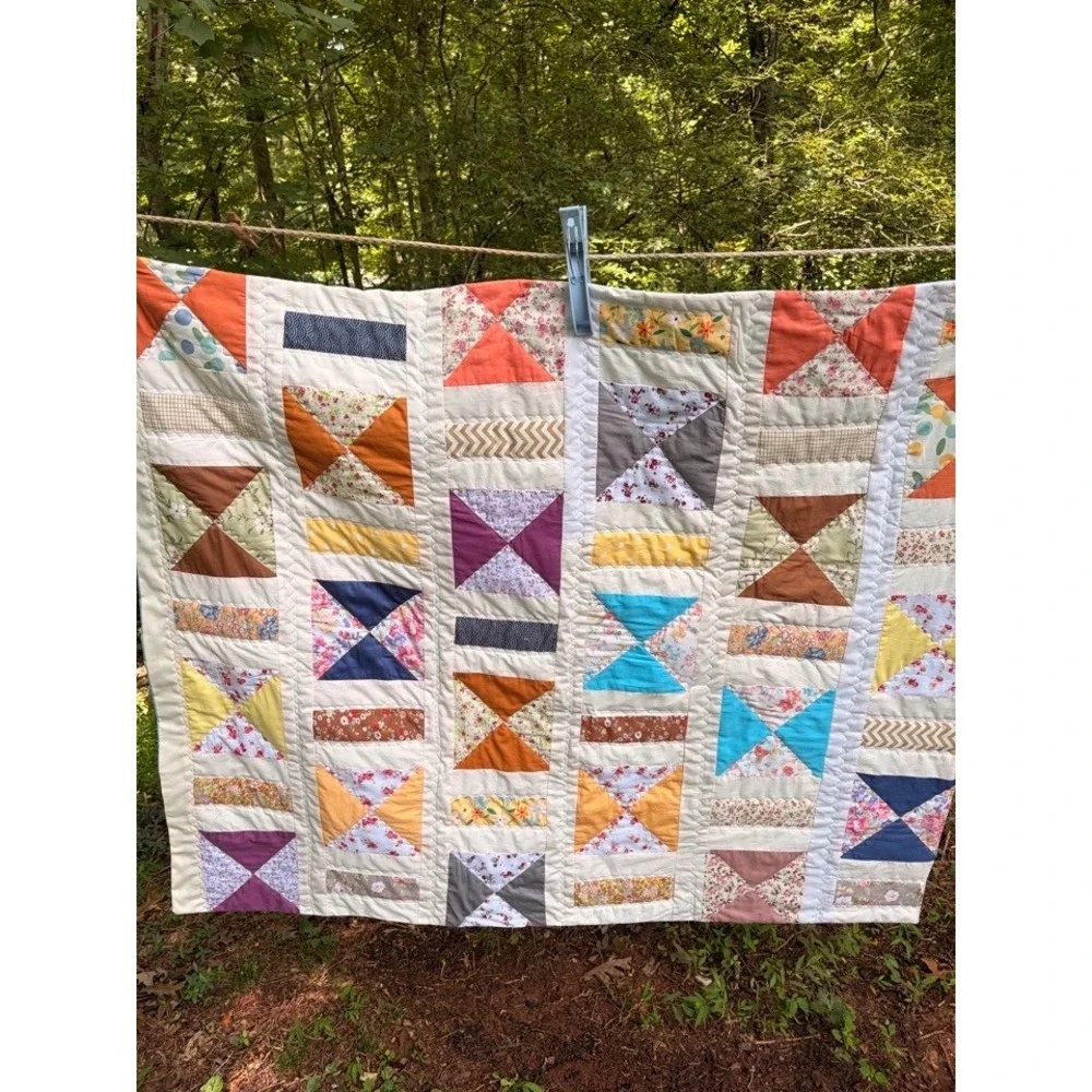 Handmade Scrappy Quilt Bow Tie Pattern Multi Color Cotton 49x40 Teal Backing